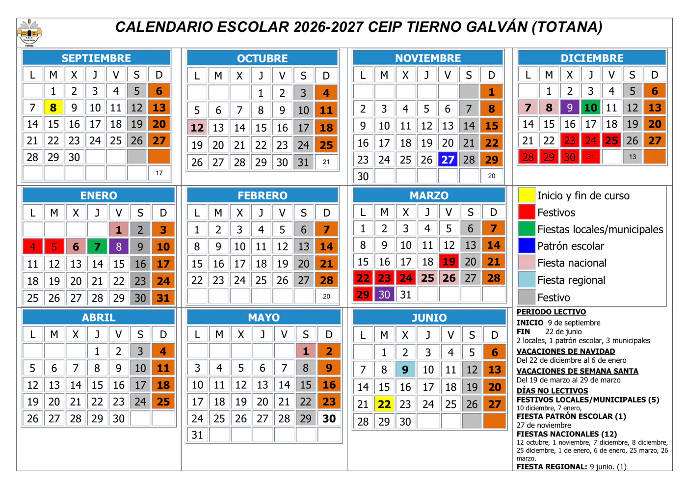 Calendario escolar 2026-2027 del CEIP Tierno Galvan: el curso empieza el 9 de septiembre y termina el 22 de junio, con las vacaciones de Navidad del 22 de diciembre al 6 de enero y las de Semana Santa del 19 al 29 de marzo.